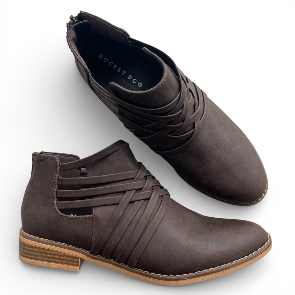 Rocket Dog Women Sz 10 Brown Strappy Cutout Mass Smooth PU Ankle Booties Classic